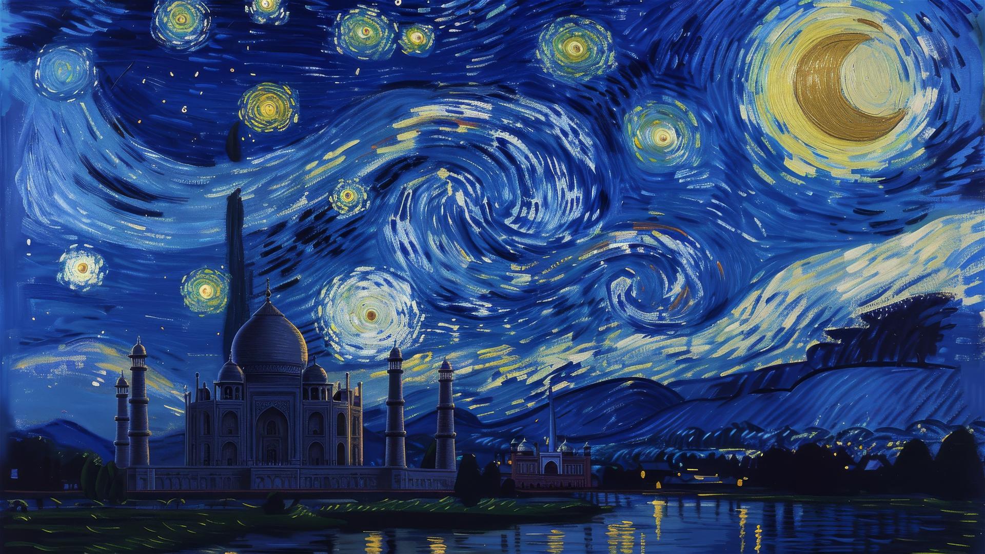 Taj Mahal under moonlight with van Gogh-style starry sky and reflected in water