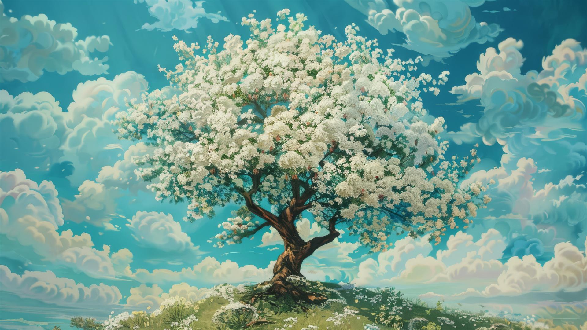 An oil painting of a flourishing tree with white flowers, green leaves against a blue sky with clouds.