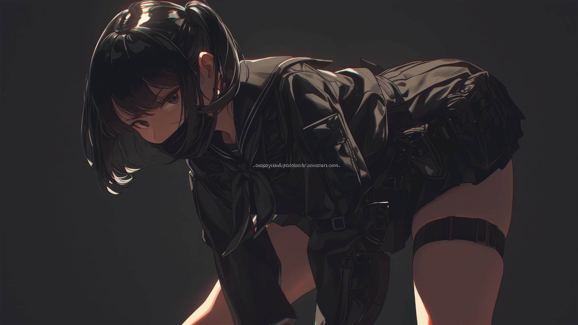 Tactical school girl with thigh focus and dark mask in dynamic pose