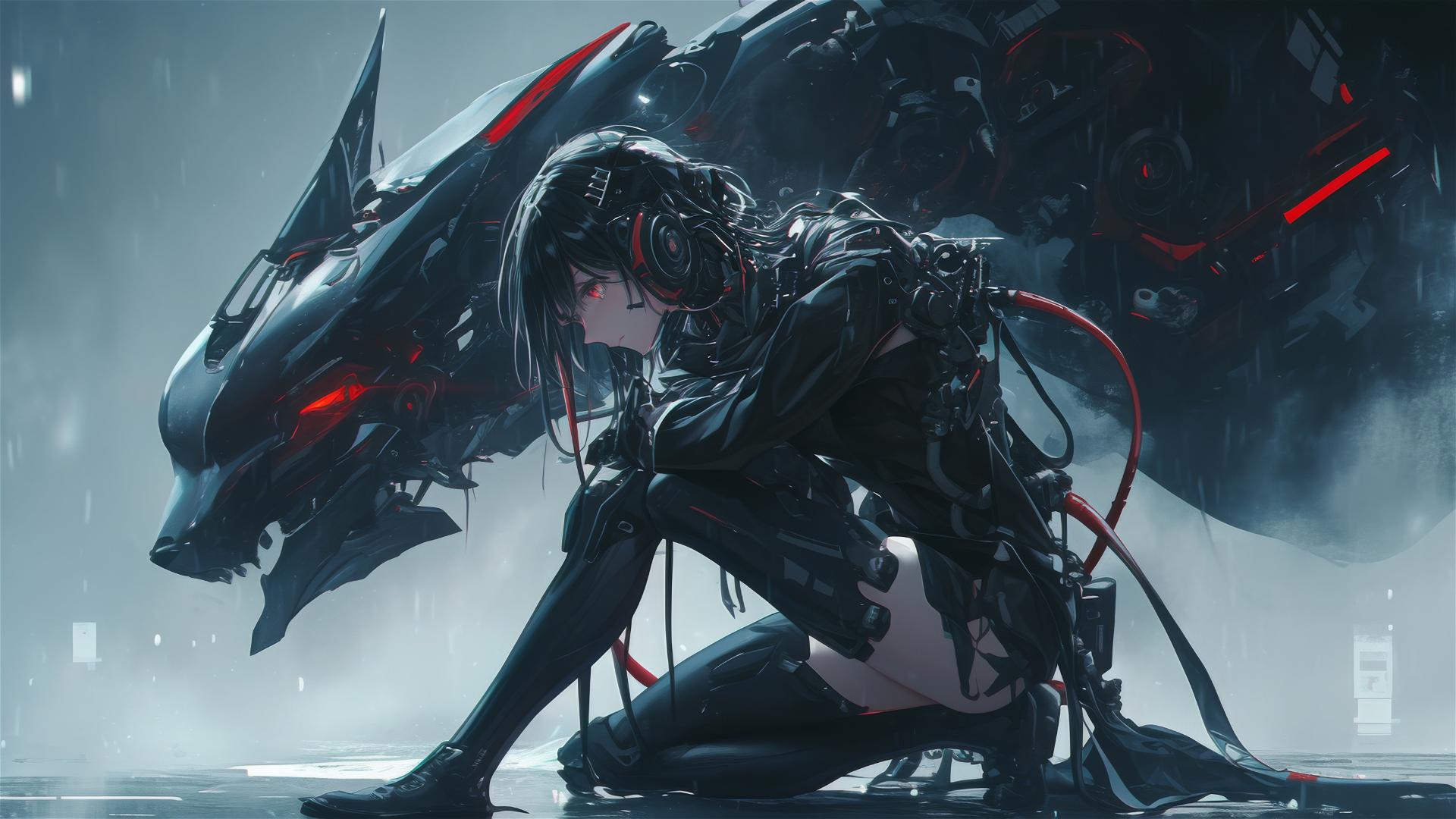 Cybernetic Agent Girl in dynamic pose on dark background with spotlight effect