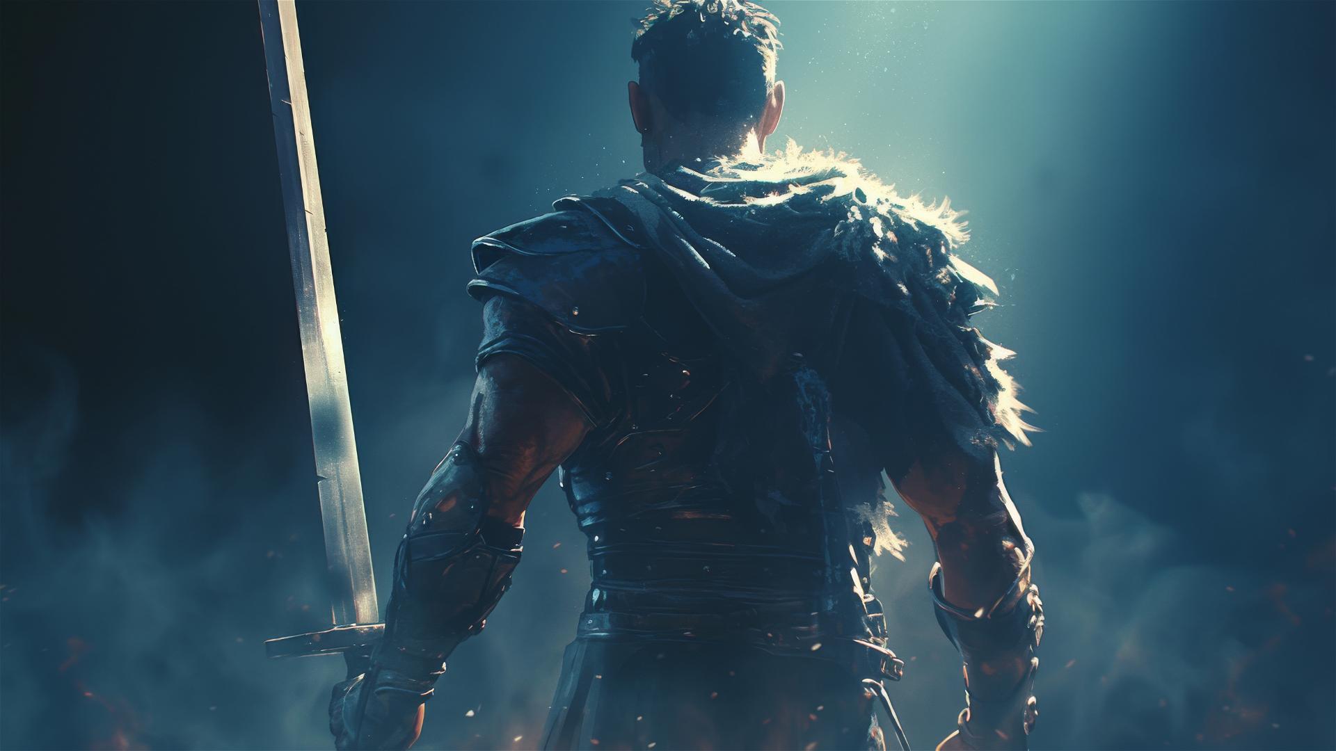 Handsome gladiator warrior in spotlight with thigh focus on dark background