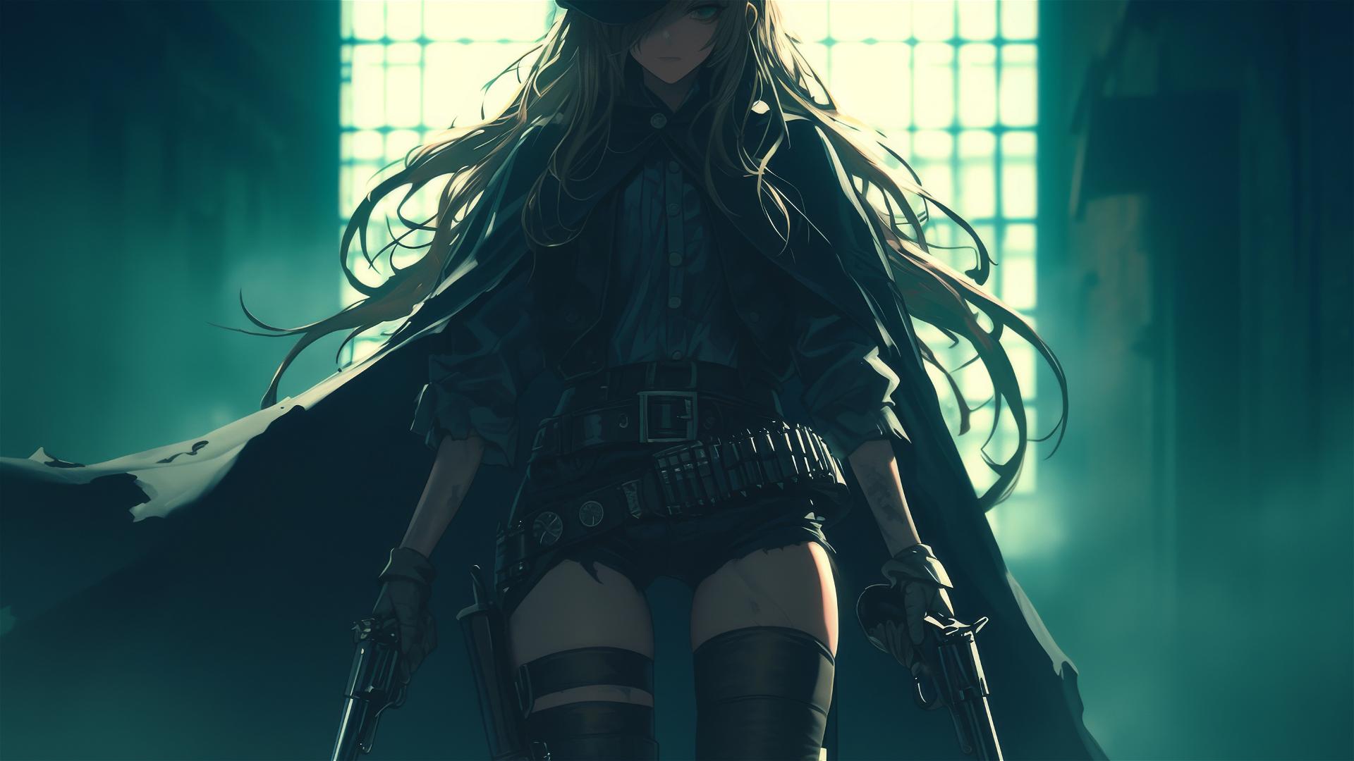 Wild West Gunslinger Girl with spotlight on thighs against a dark background