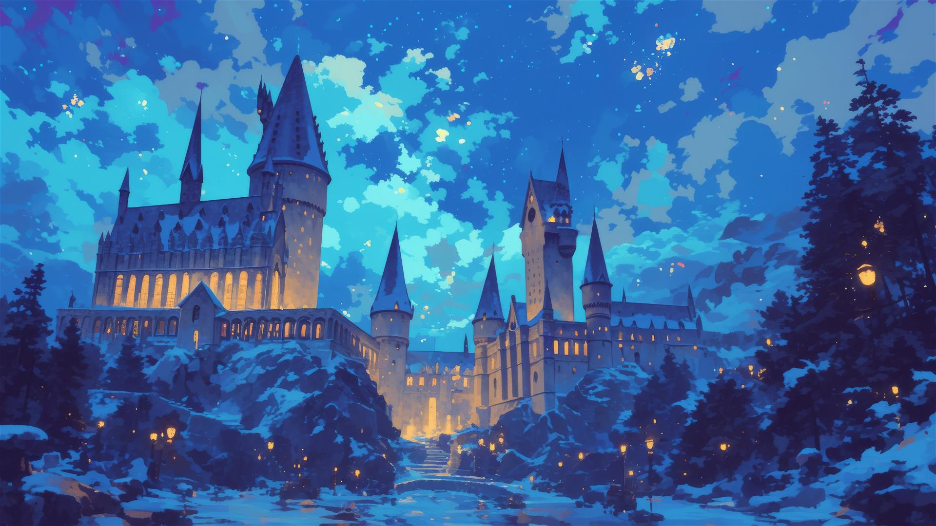 Ghibli-inspired art of Hogwarts at night with stars