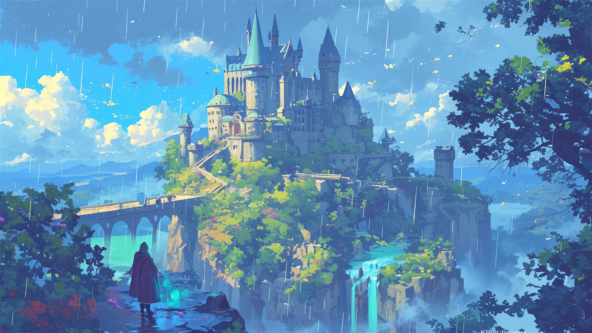 Ghibli-style Hogwarts in the rain