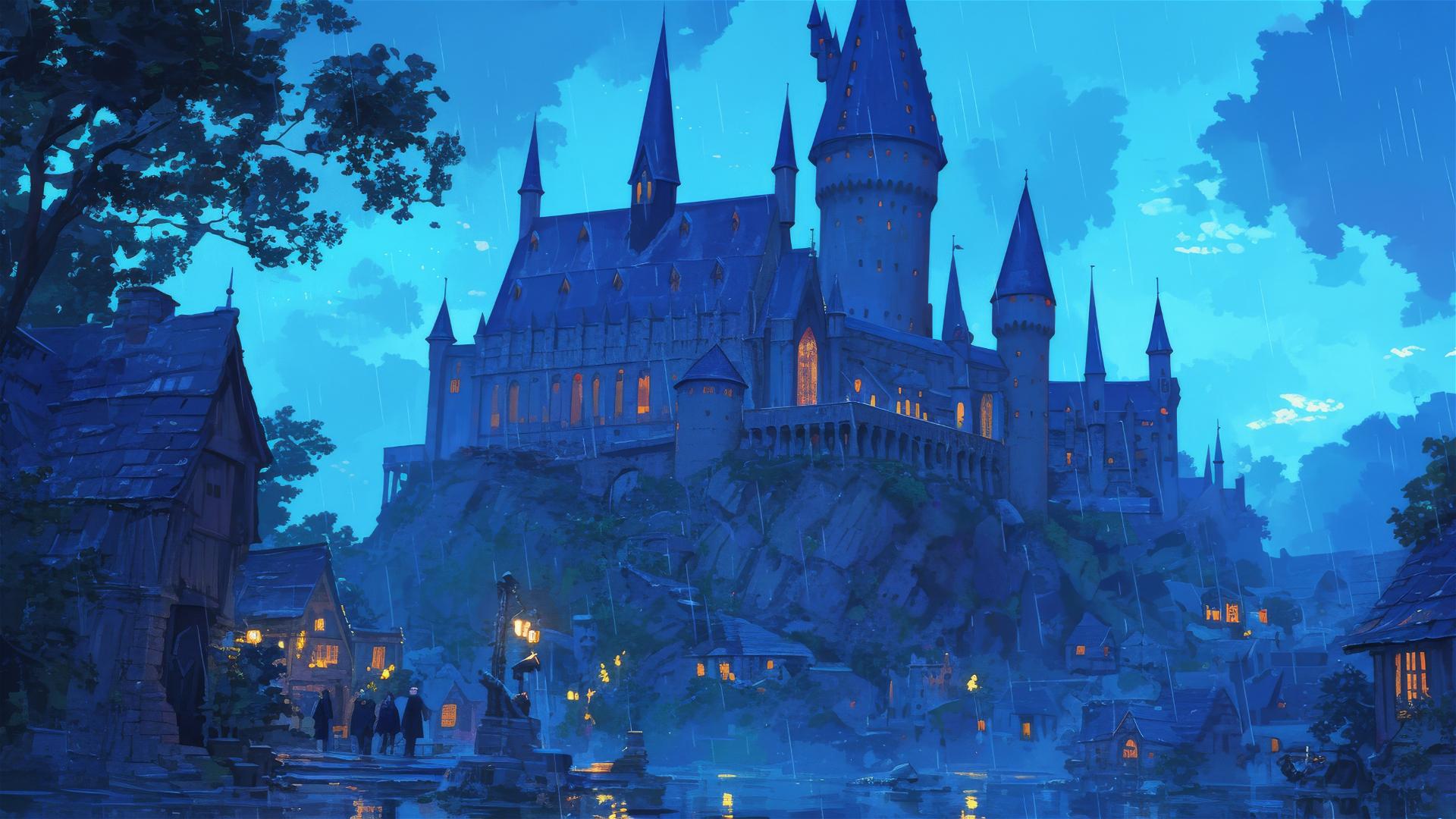 Ghibli-inspired illustration of Hogwarts in the rain