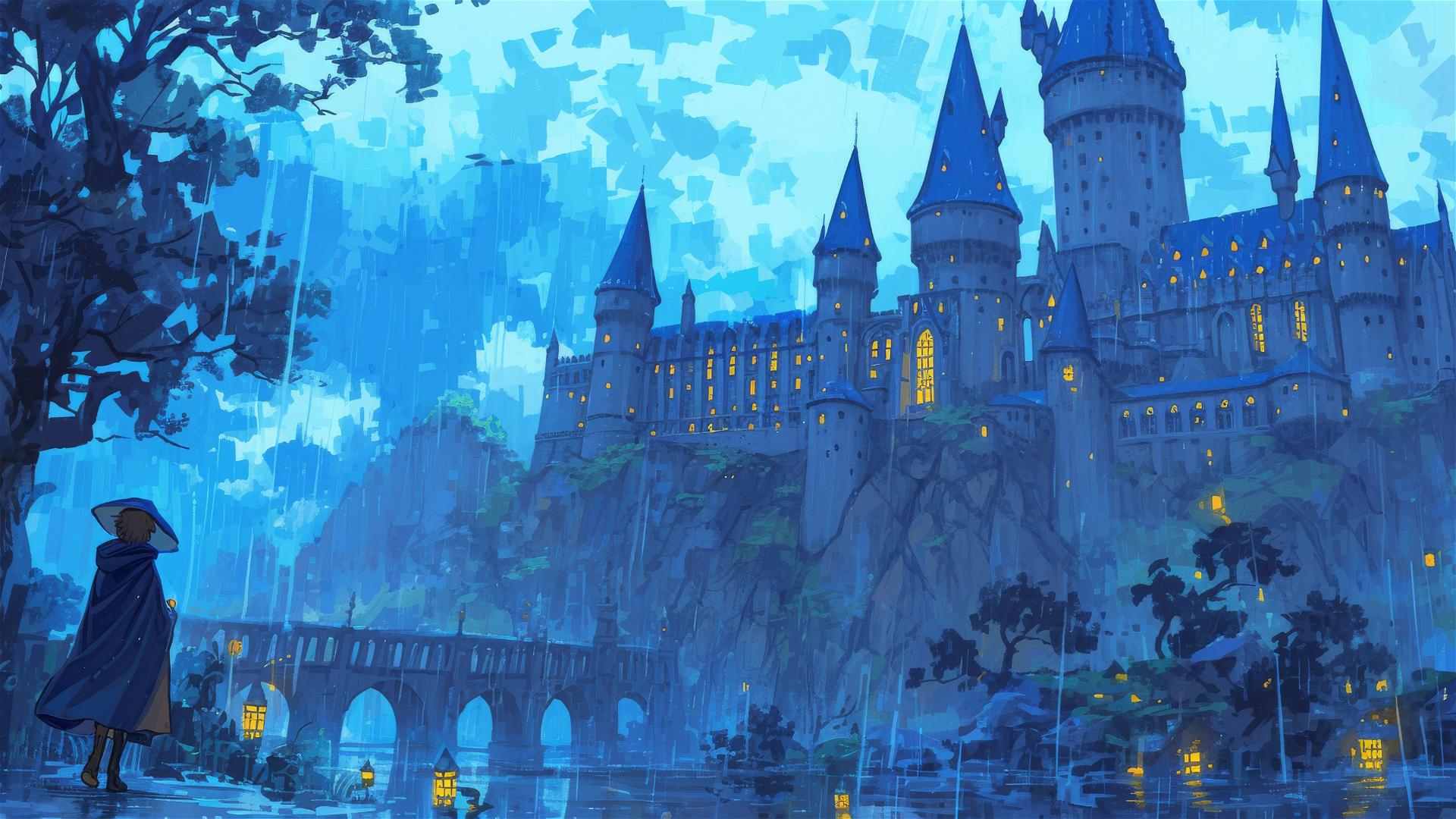 Ghibli-inspired illustration of Hogwarts in the rain