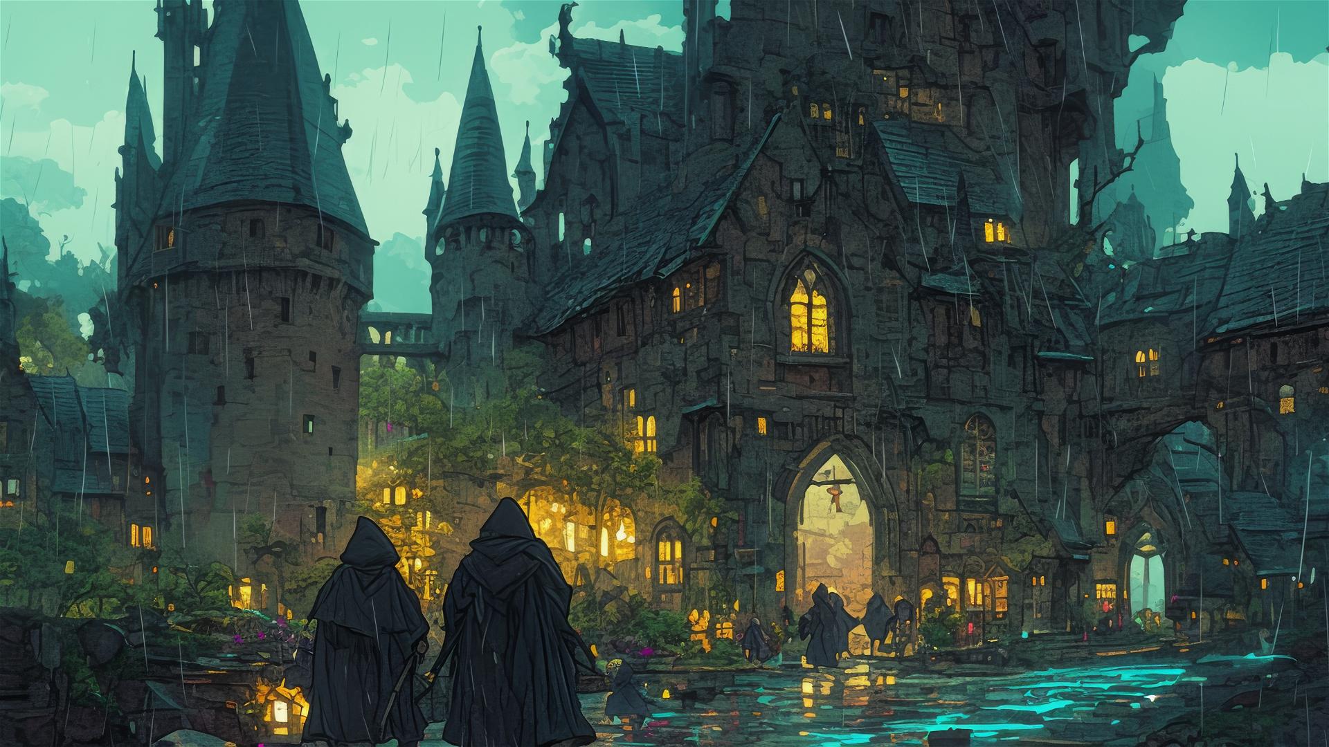 Ghibli-inspired Hogwarts Castle in the rain