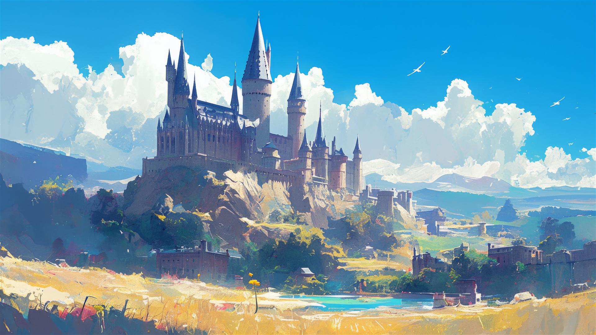 Illustration of Hogwarts in Ghibli style