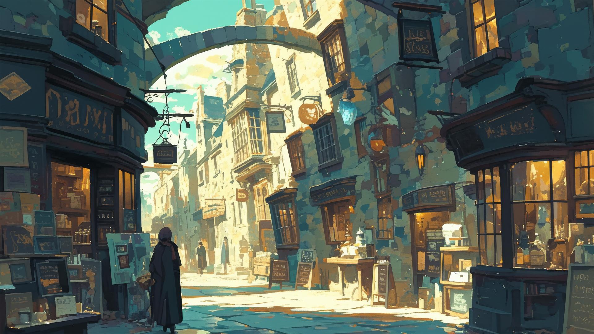Artistic rendering of a deserted Diagon Alley from Harry Potter