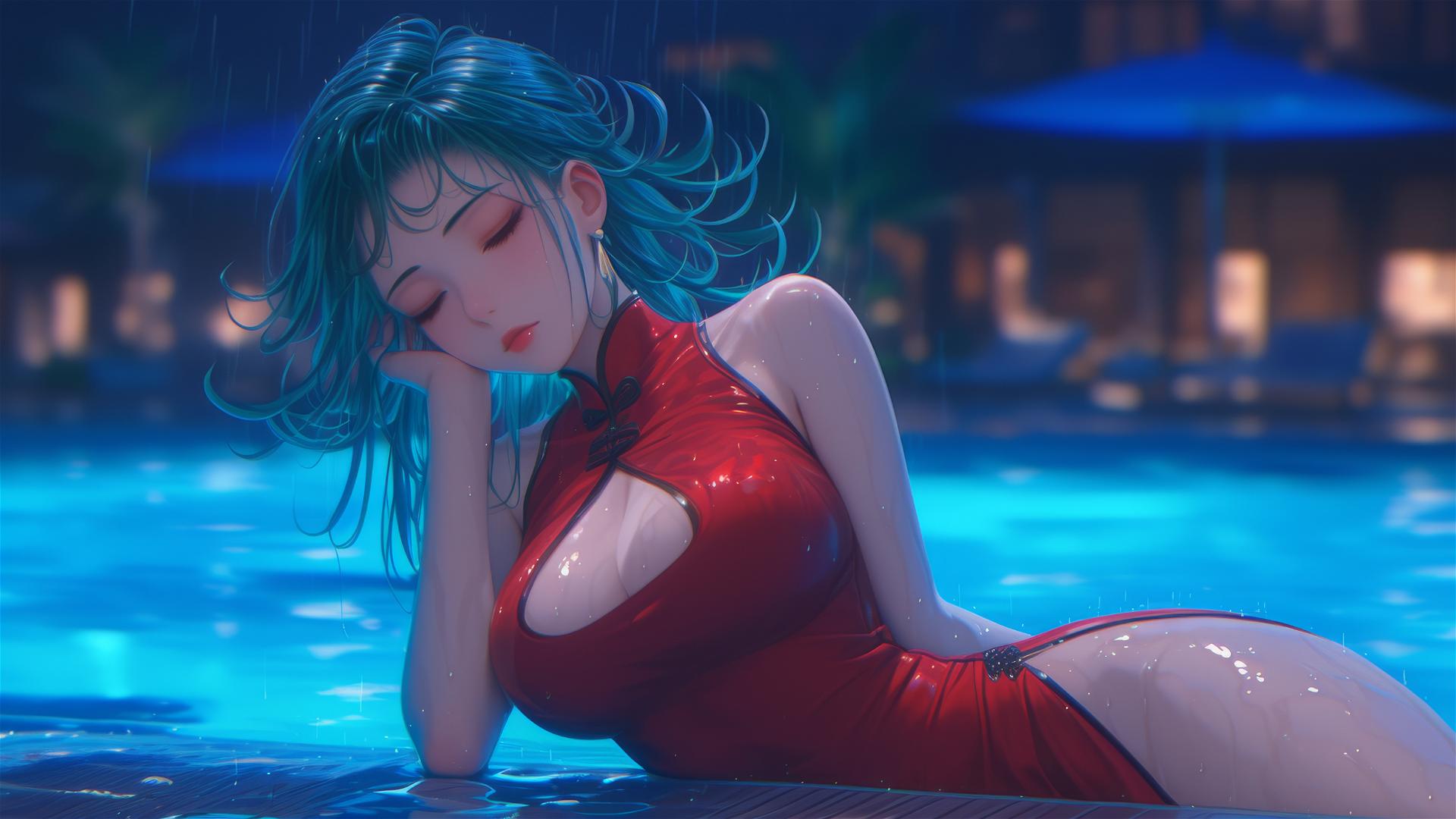 Tatsumaki from One-Punch Man rests by pool under moonlight in rain, red dress