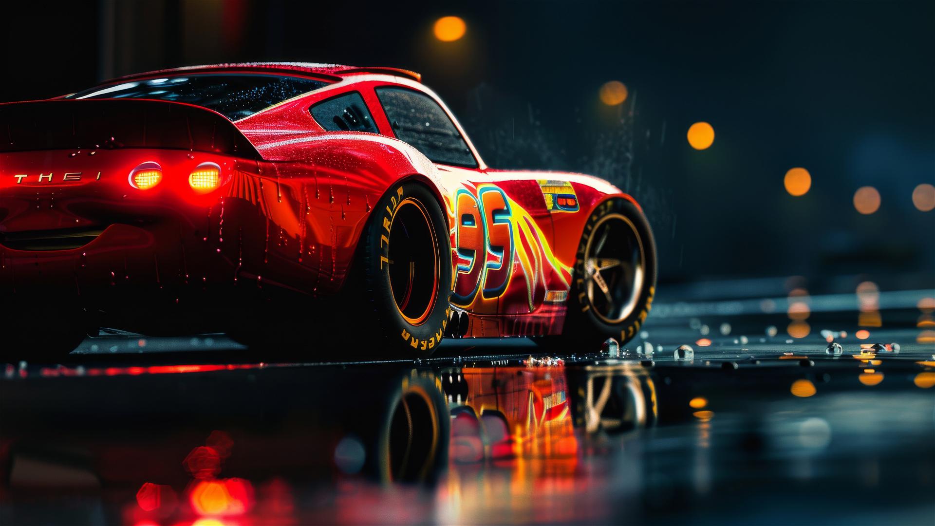 Rear close-up of Lightning McQueen drawn in Pixar style with spotlight on dark background