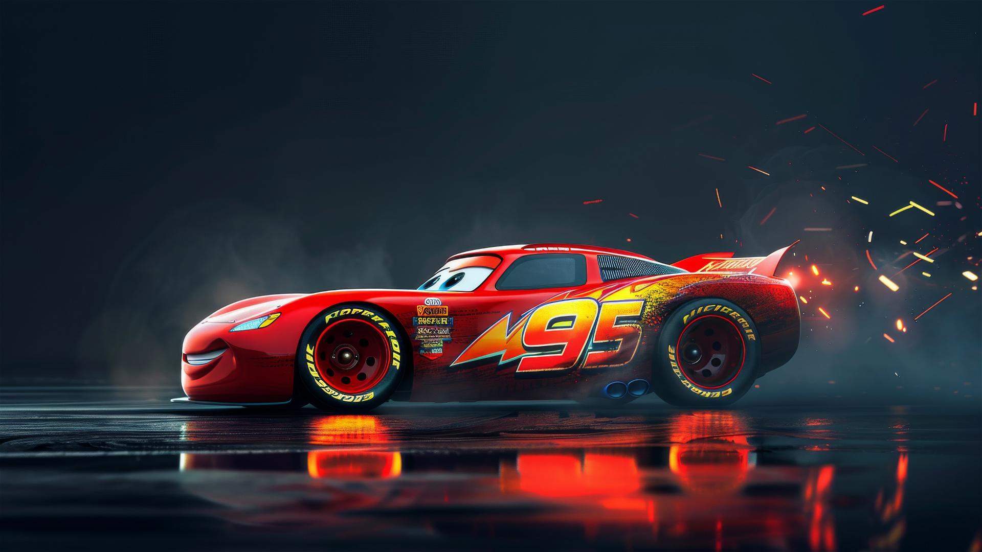 Isolated drawing of Lightning McQueen styled as from Harry Potter under spotlight