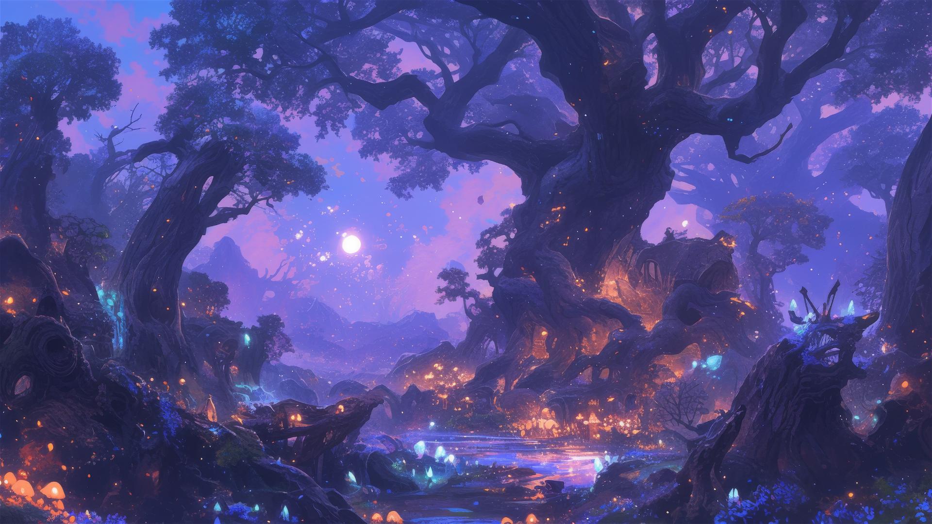 Ethereal spirits and glowing plants in a mystical enchanted forest