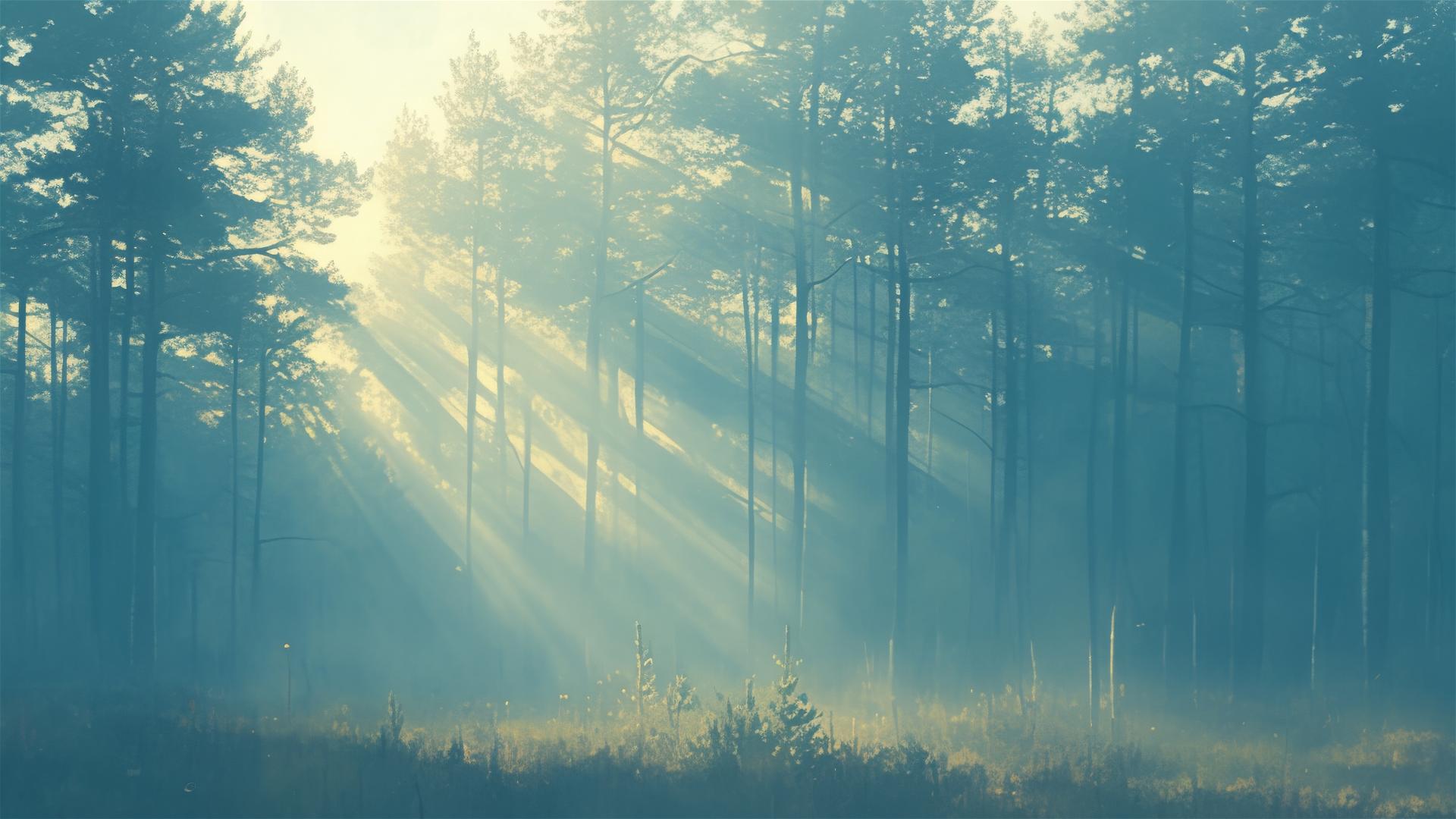 Sunrays piercing fog in a misty pine forest at dawn
