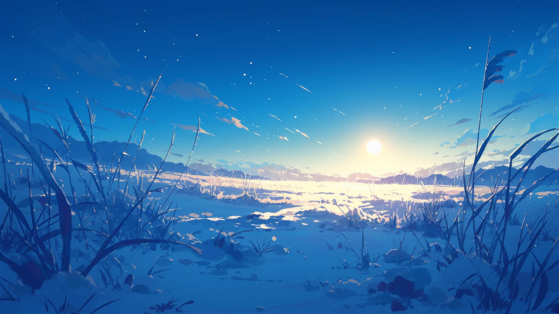 Moonlit snowfield with crisscrossing animal tracks under a full moon