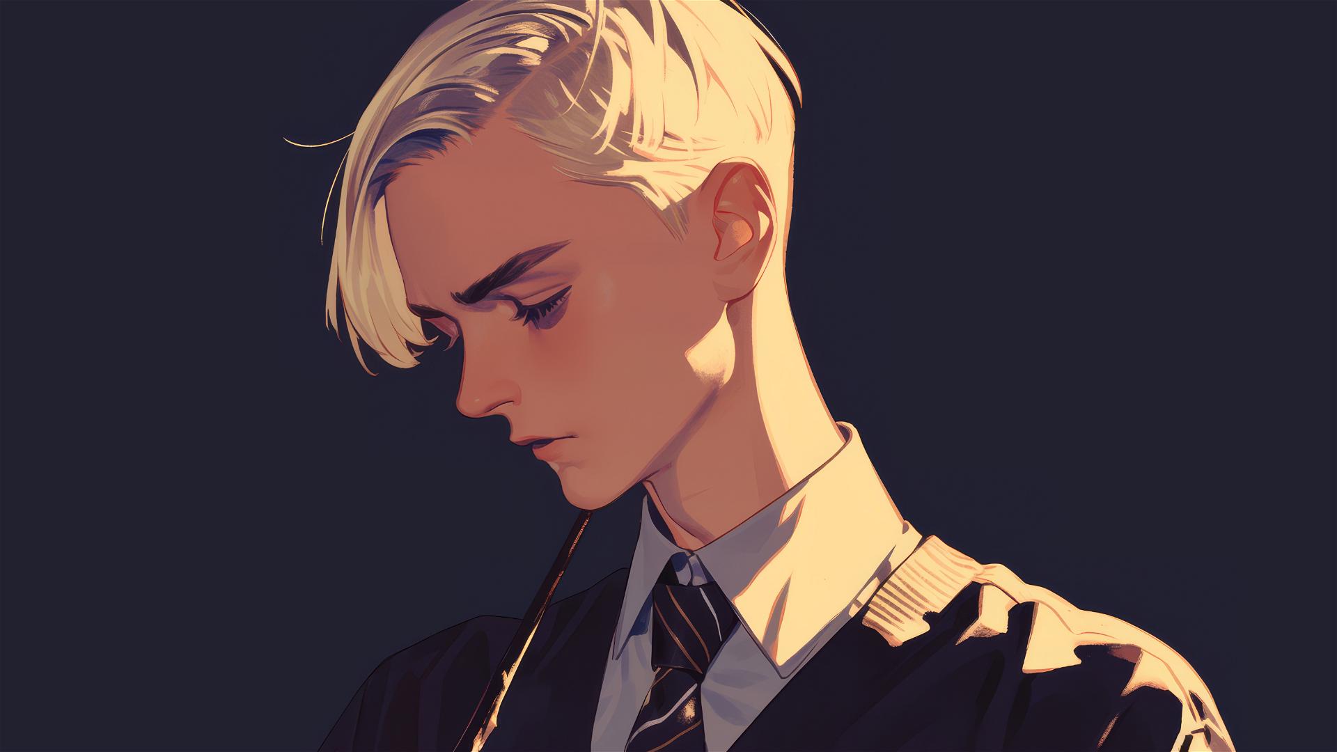 Draco Malfoy illustration with dark background and spotlight