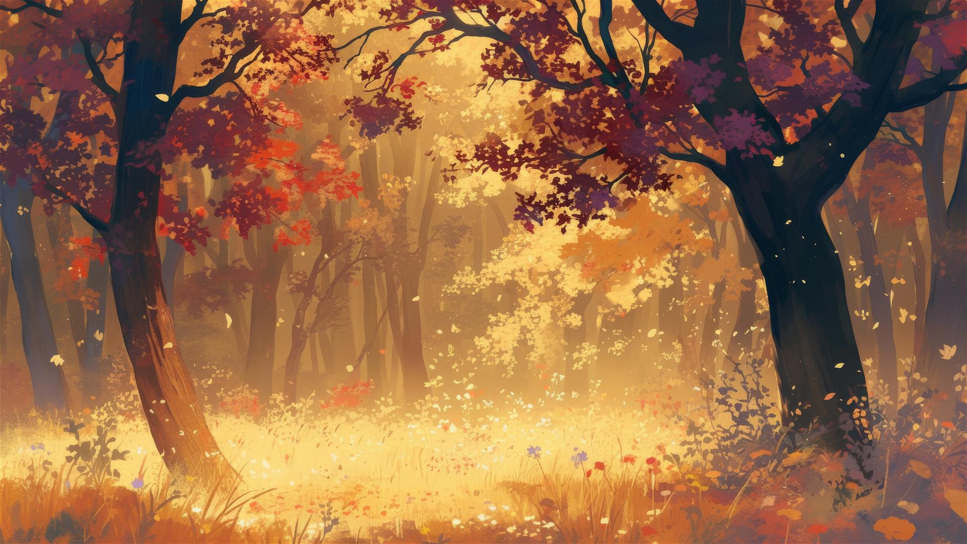 Thick fog in a silent autumn forest with golden and red leaves