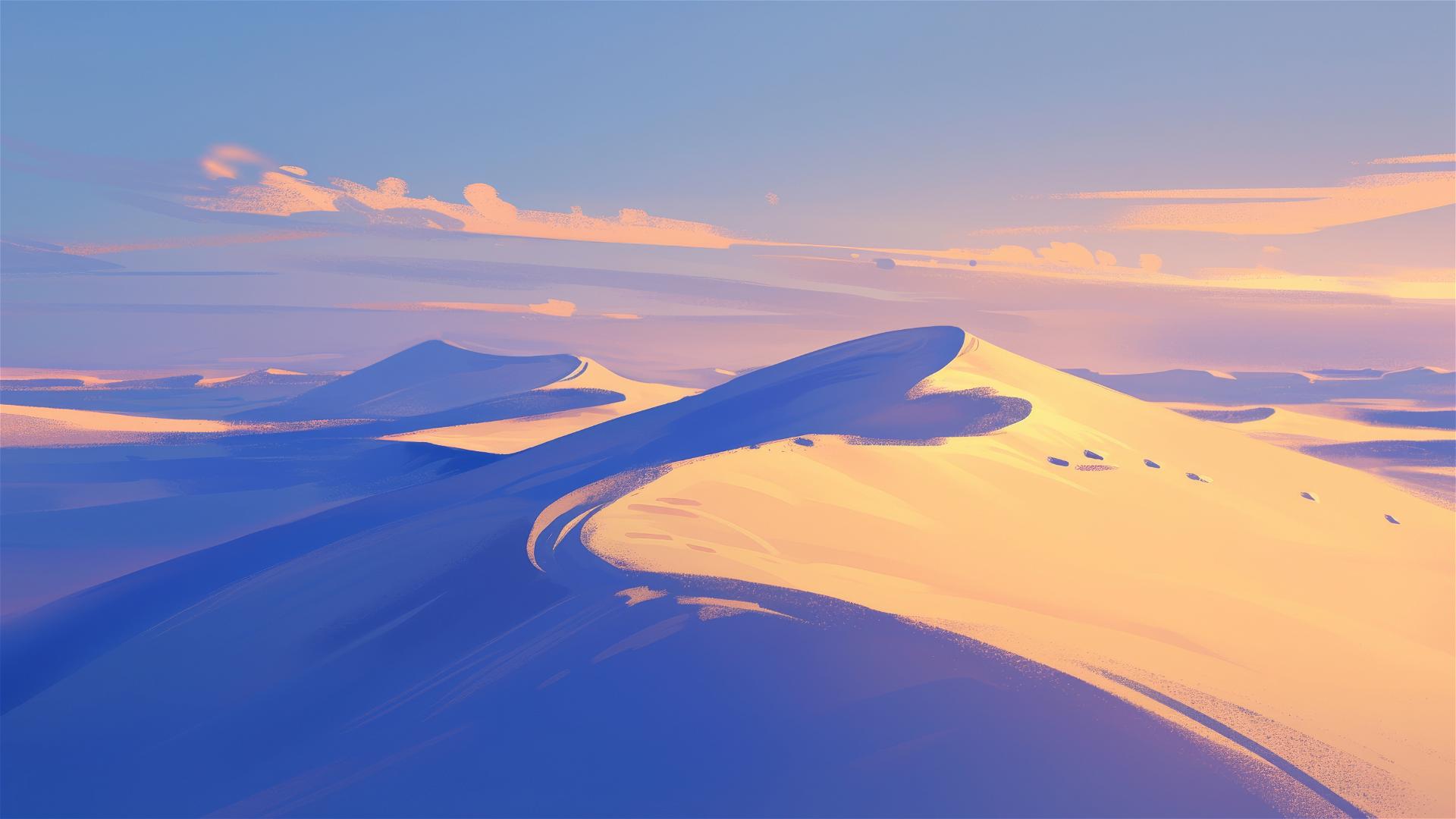 Tranquil desert dunes at twilight with soft shadows and pastel sky