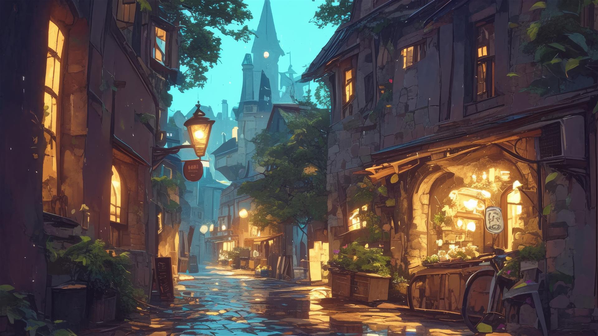 Rain-soaked cobblestone alley under warm streetlights in a quiet old European town