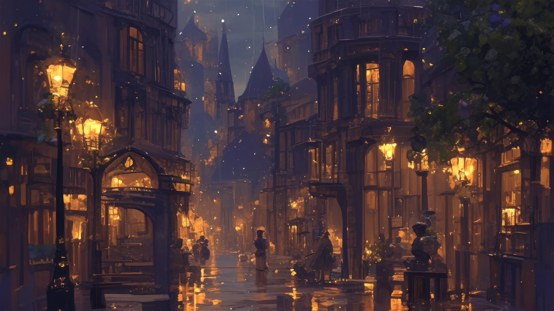 Rain-slicked cobblestone alley, warm streetlight reflections, quiet European town evening
