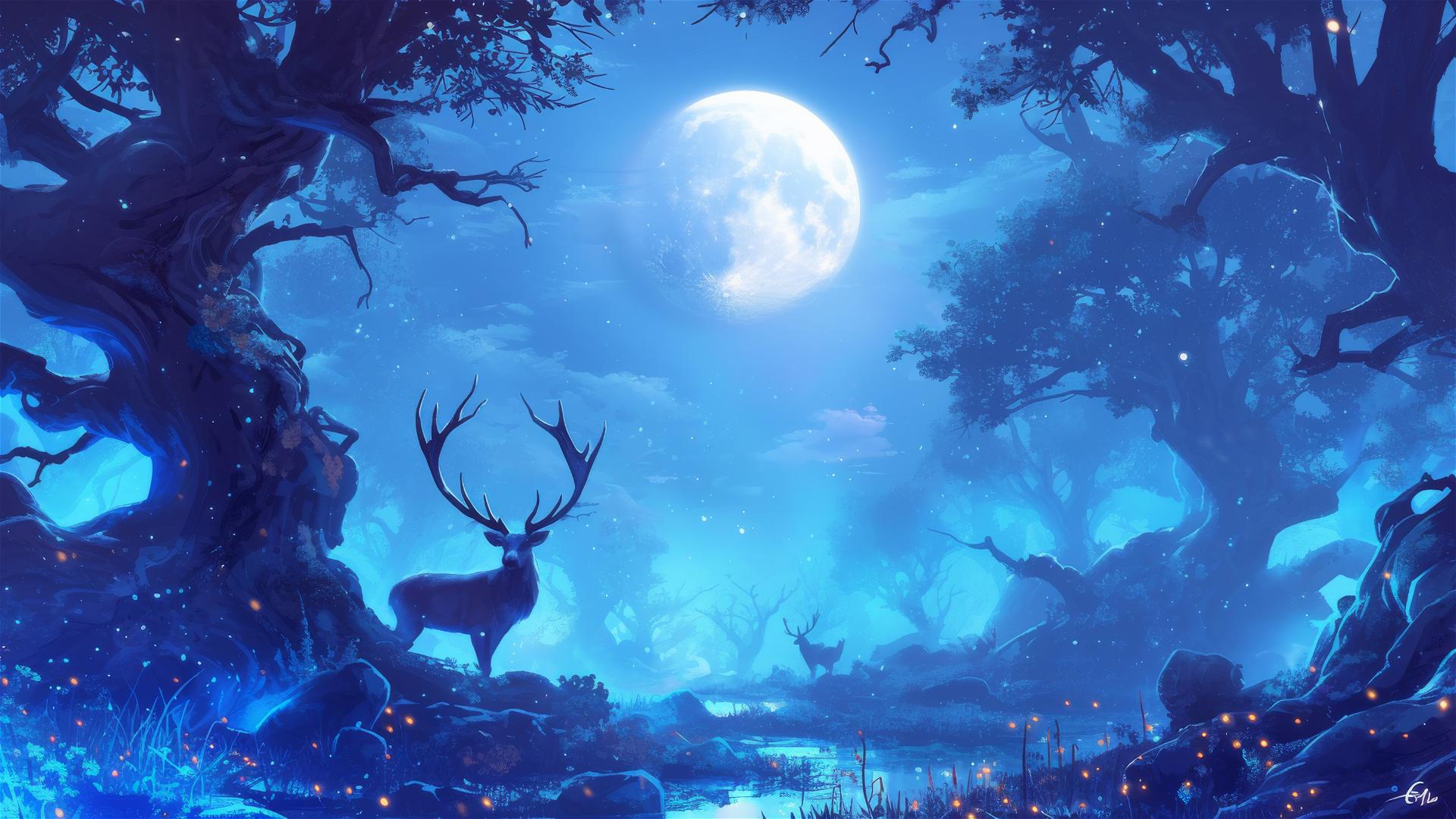 Moonlit glade with silver-blue light and deer with glowing antlers