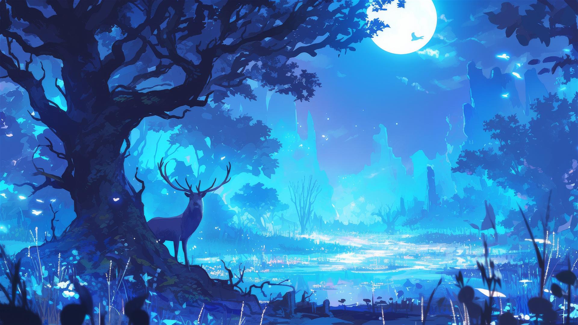 Moonlit glade, silver-blue light, ancient trees, glowing antler deer