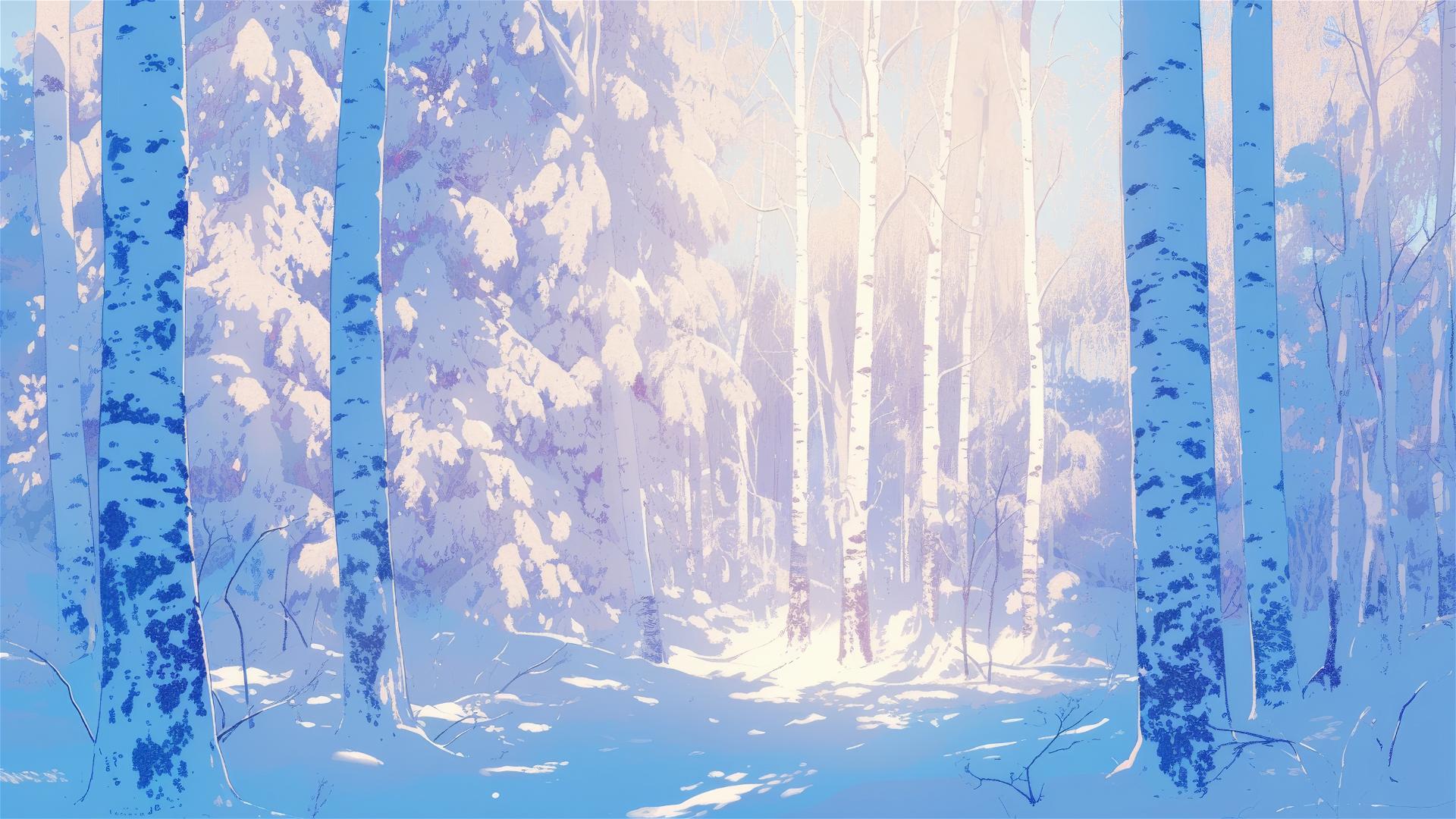 Frosty birch trees at dawn with white trunks against winter blue sky