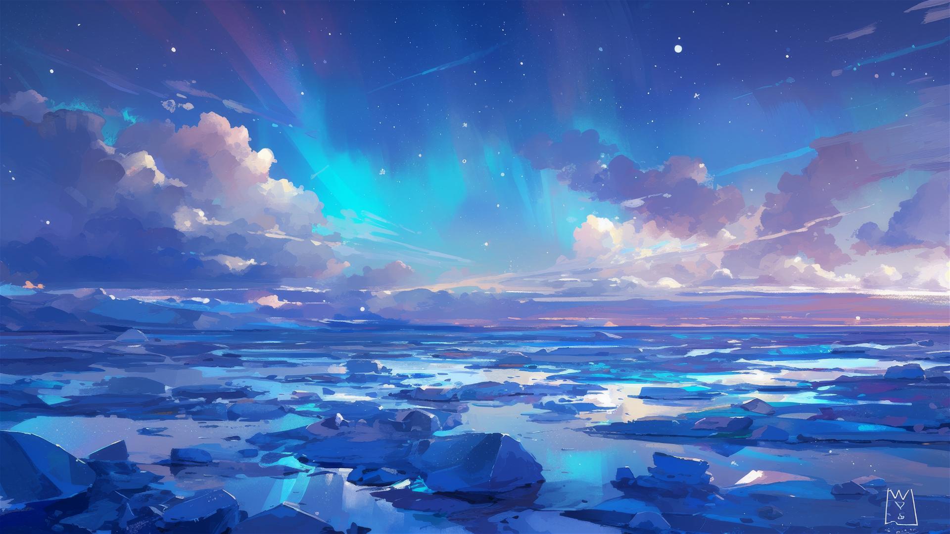 Sparkling ice field under vibrant Northern Lights