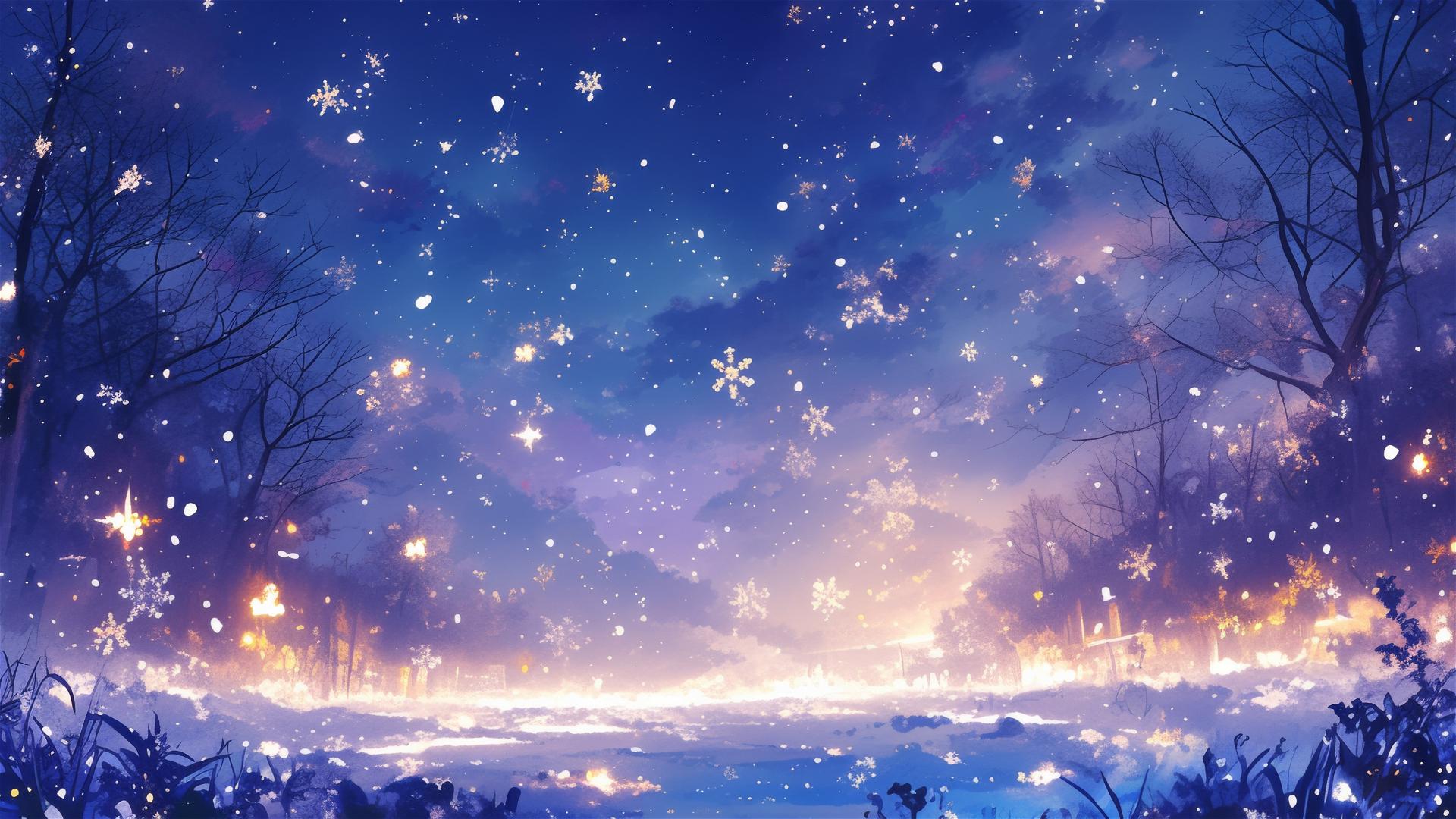 Snowy field with glowing snowflakes resembling stars, serene and stunning.