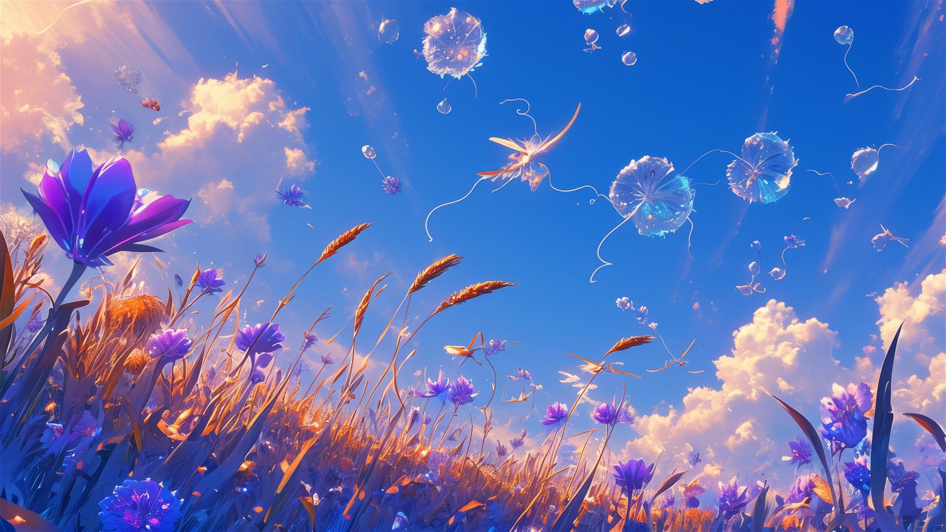 Floating flowers in sky meadow tethered by spider silk
