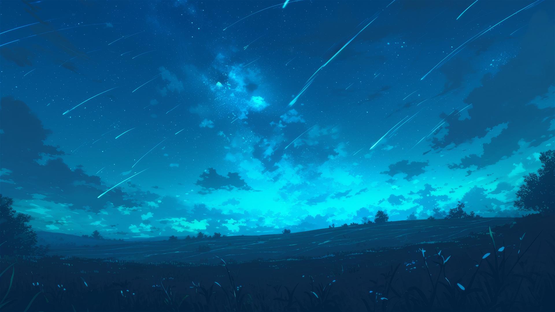 Shooting stars over silent hilltops with glowing trails on grass