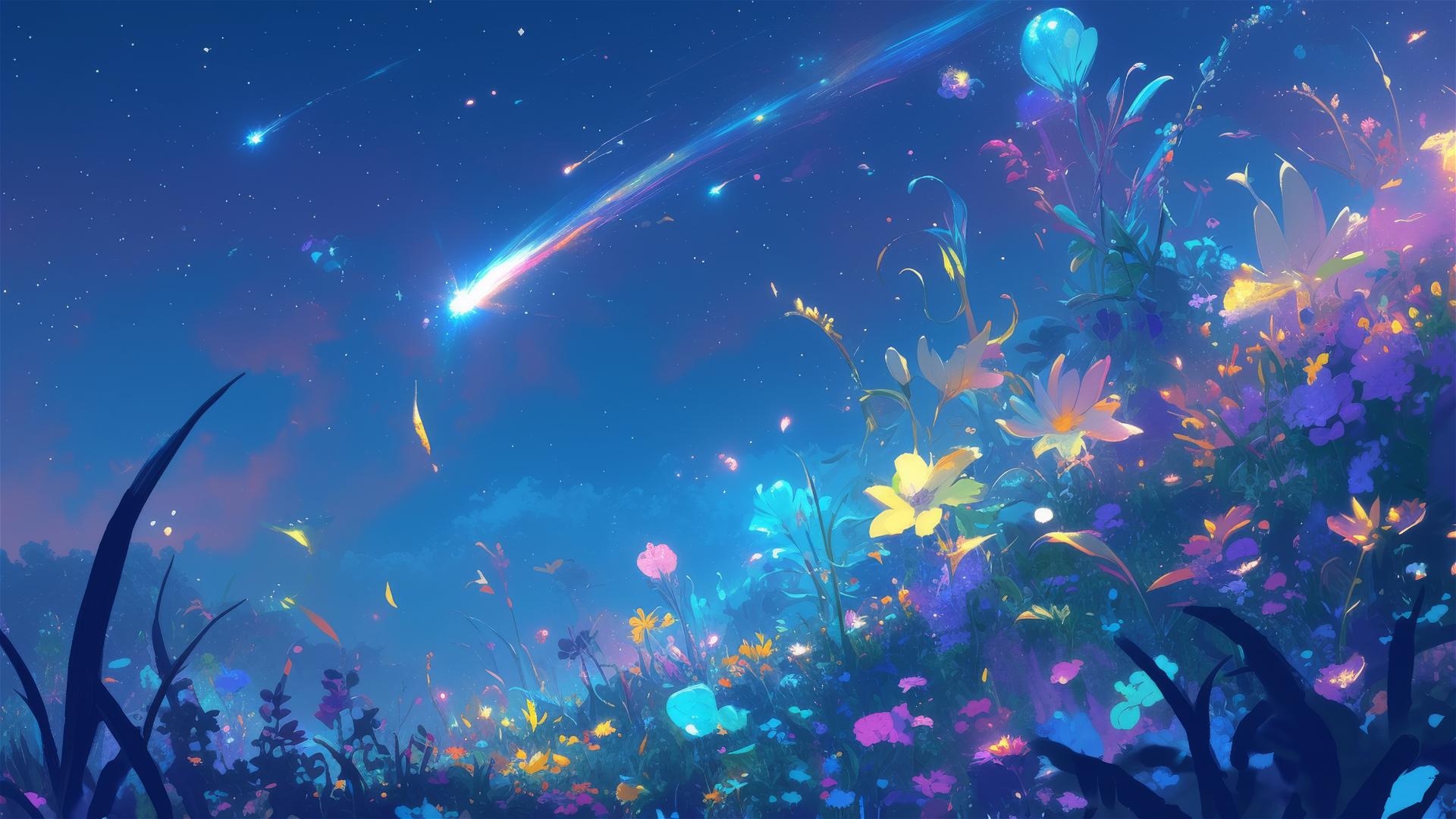 Celestial garden with glowing flora from shooting stars