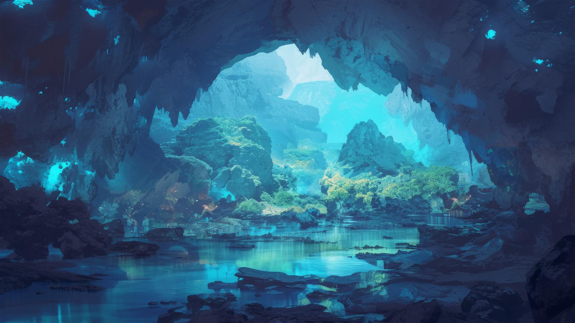 Glowing underground river by ancient cave paintings