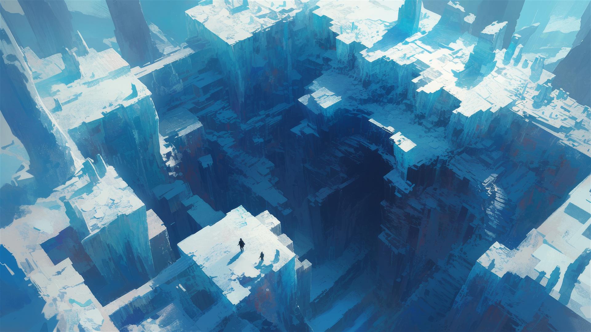 Maze of glacial paths with blue ice chambers