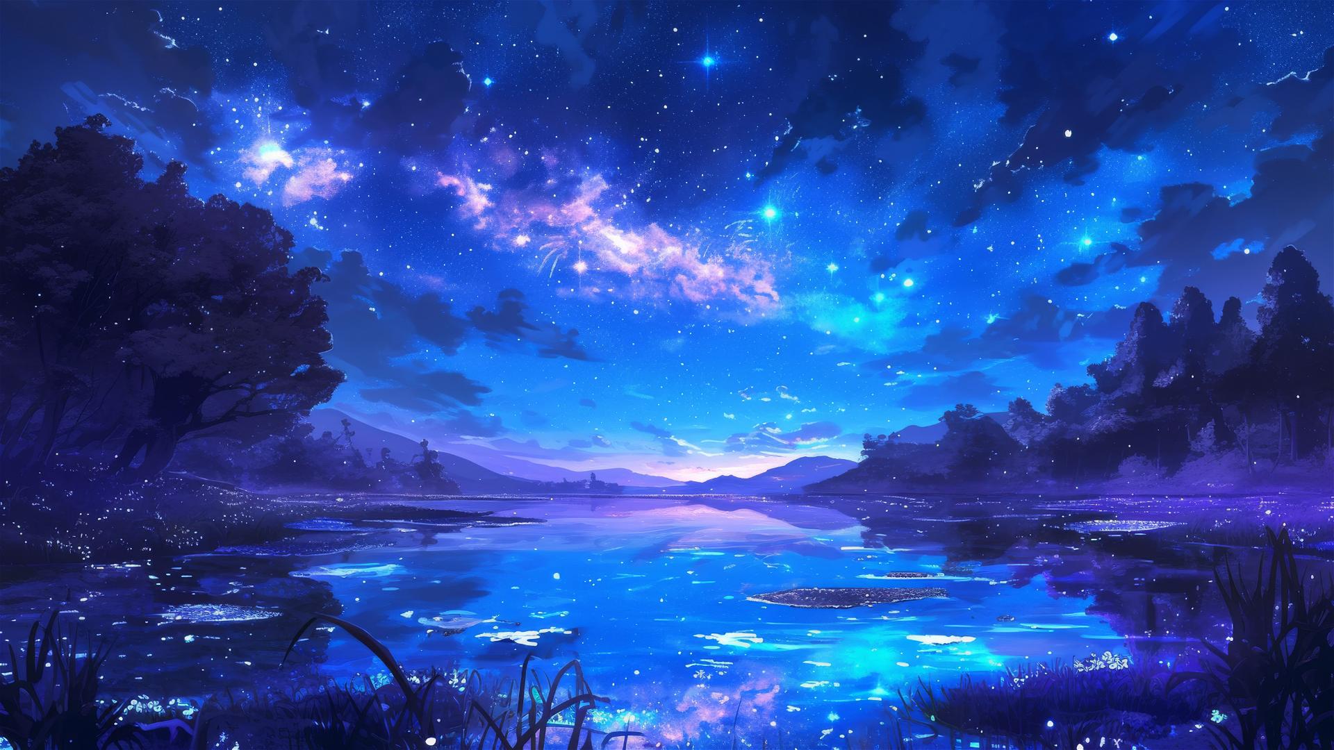 Starlit river with bioluminescent algae under night sky