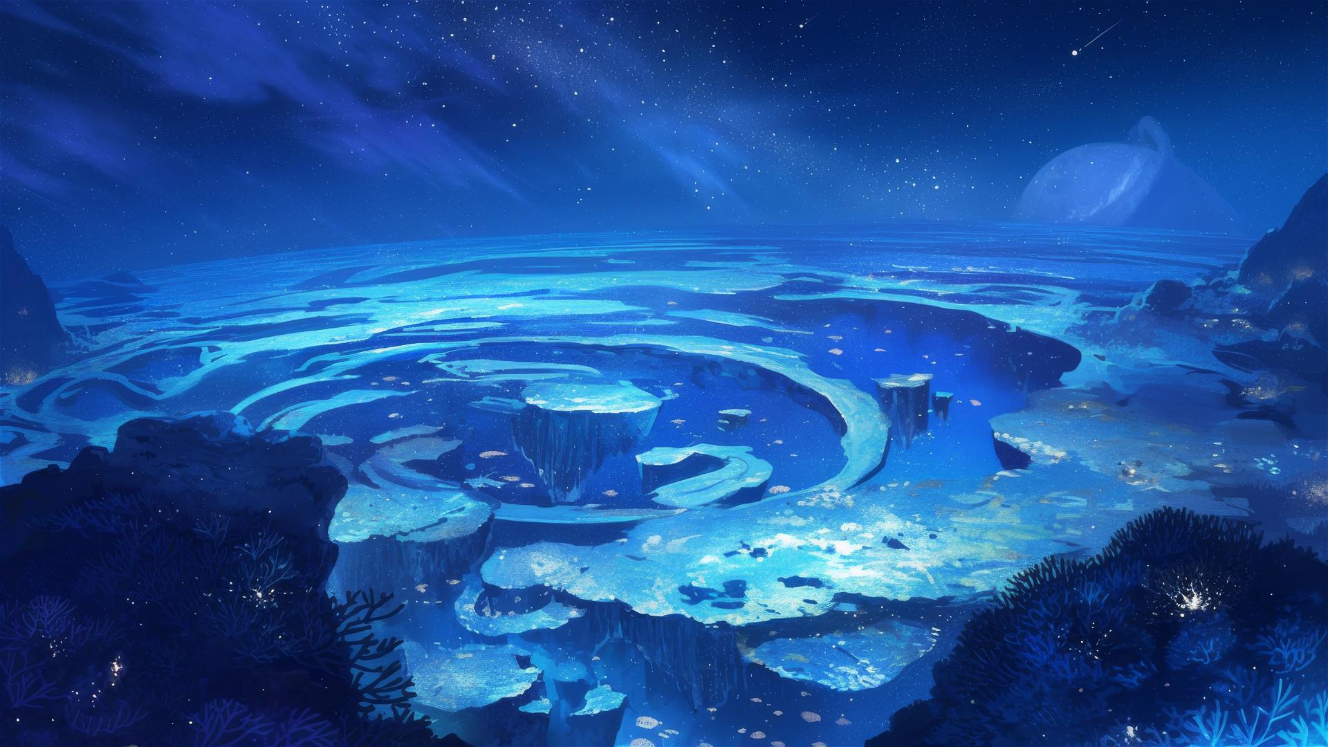 Constellation reef with star-patterned corals visible at night from above water