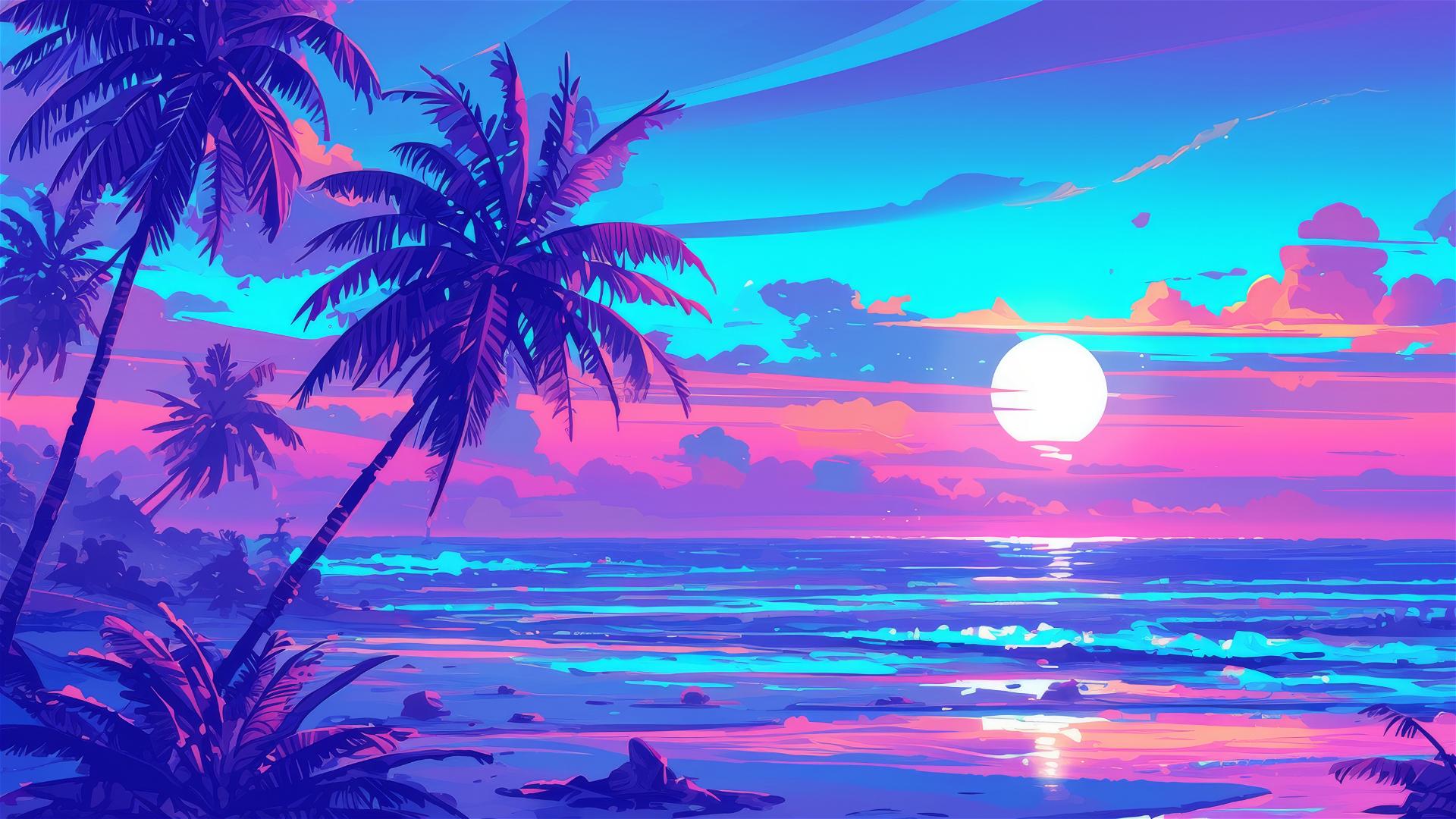 Vaporwave beach sunset with neon-colored waves