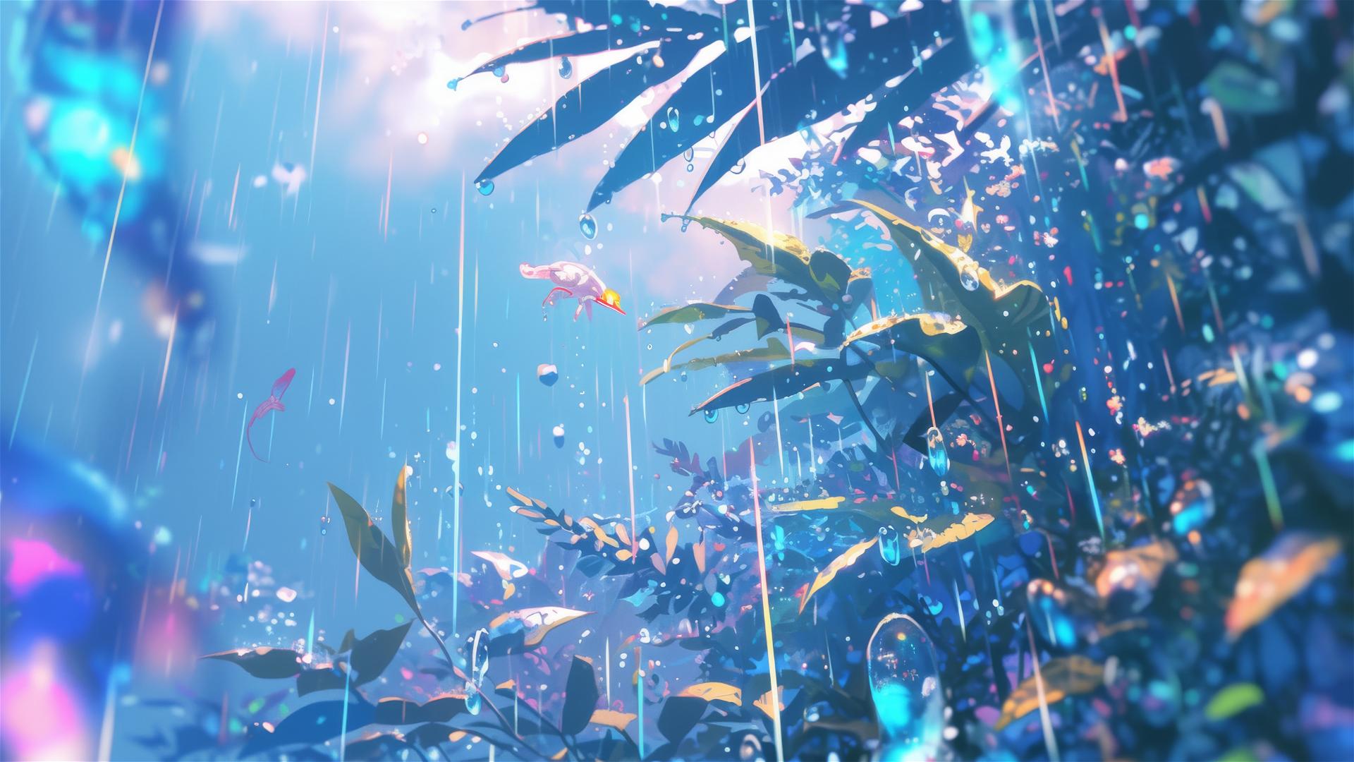 Holographic rain with 3D native flora and fauna images