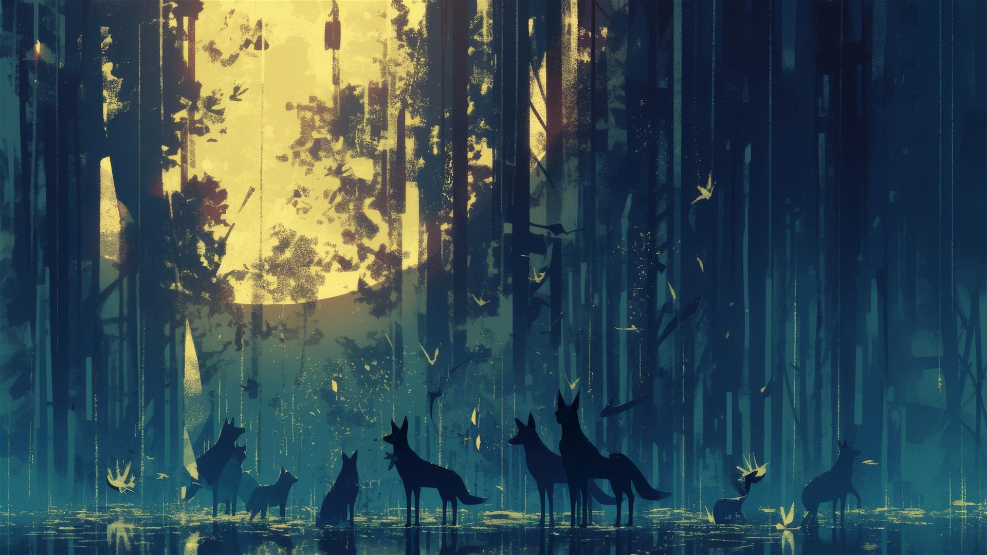 Surreal animal shadows under eclipse rain in a sequestered grove