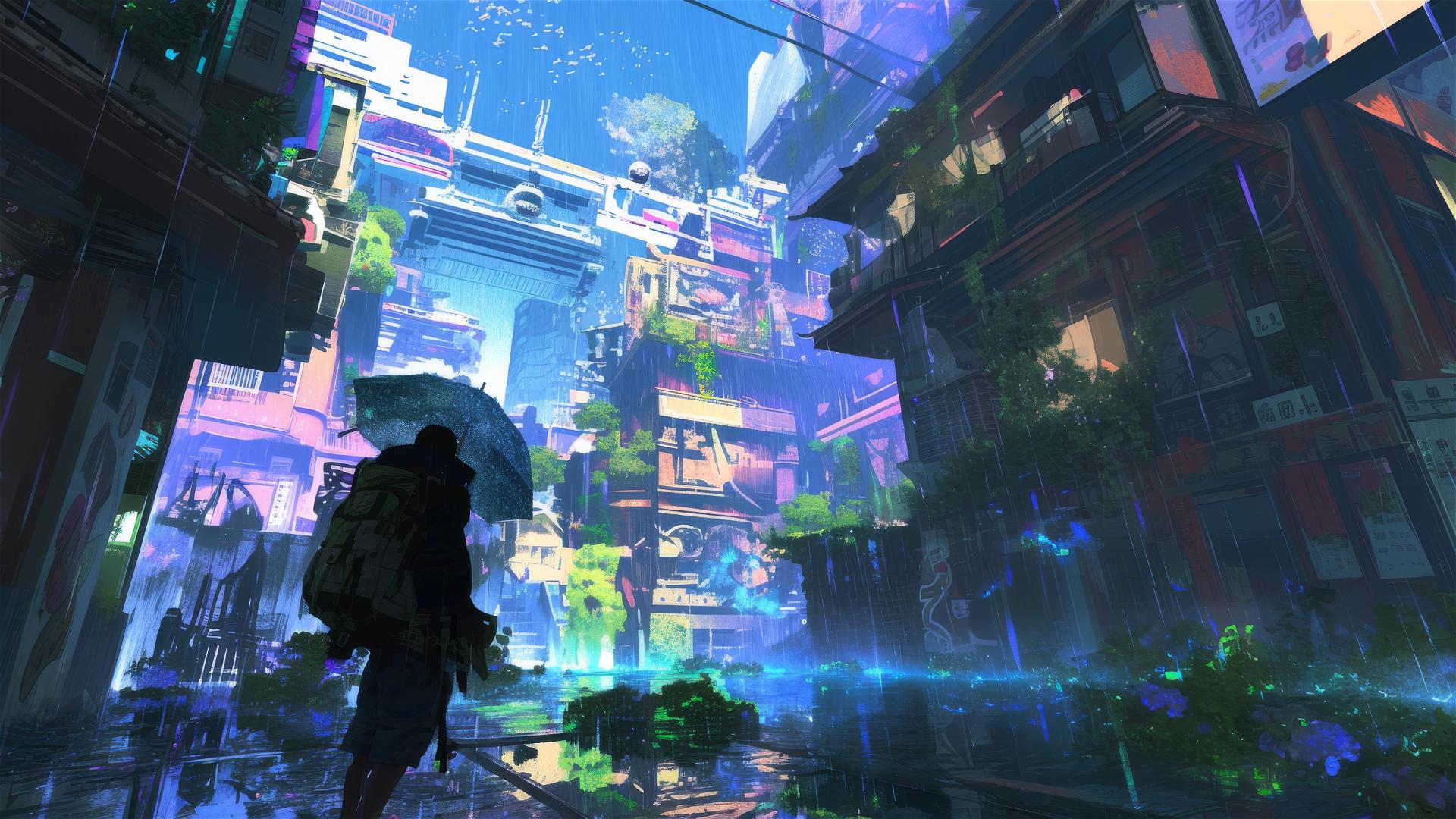 Holographic rain over a city with urban wildlife holograms