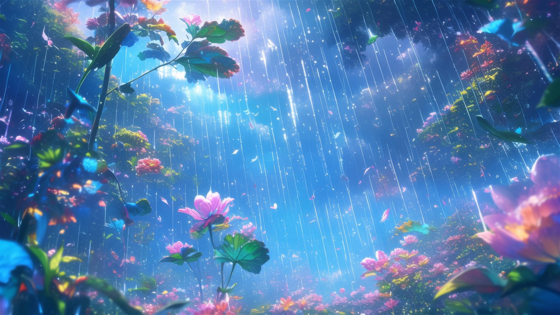 Holographic rain with flower visuals in botanical garden