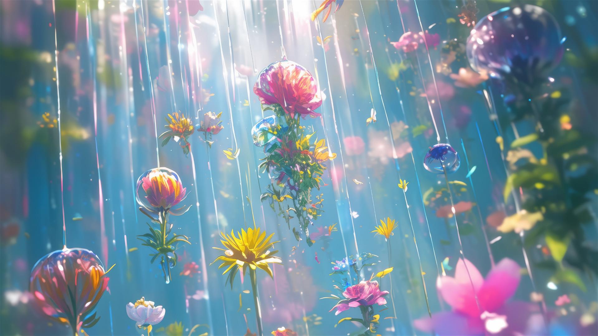 Holographic rain with vivid flowers in botanical garden