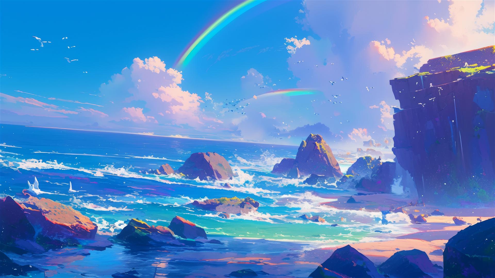 Sunset cliffs with sea spray and miniature rainbows