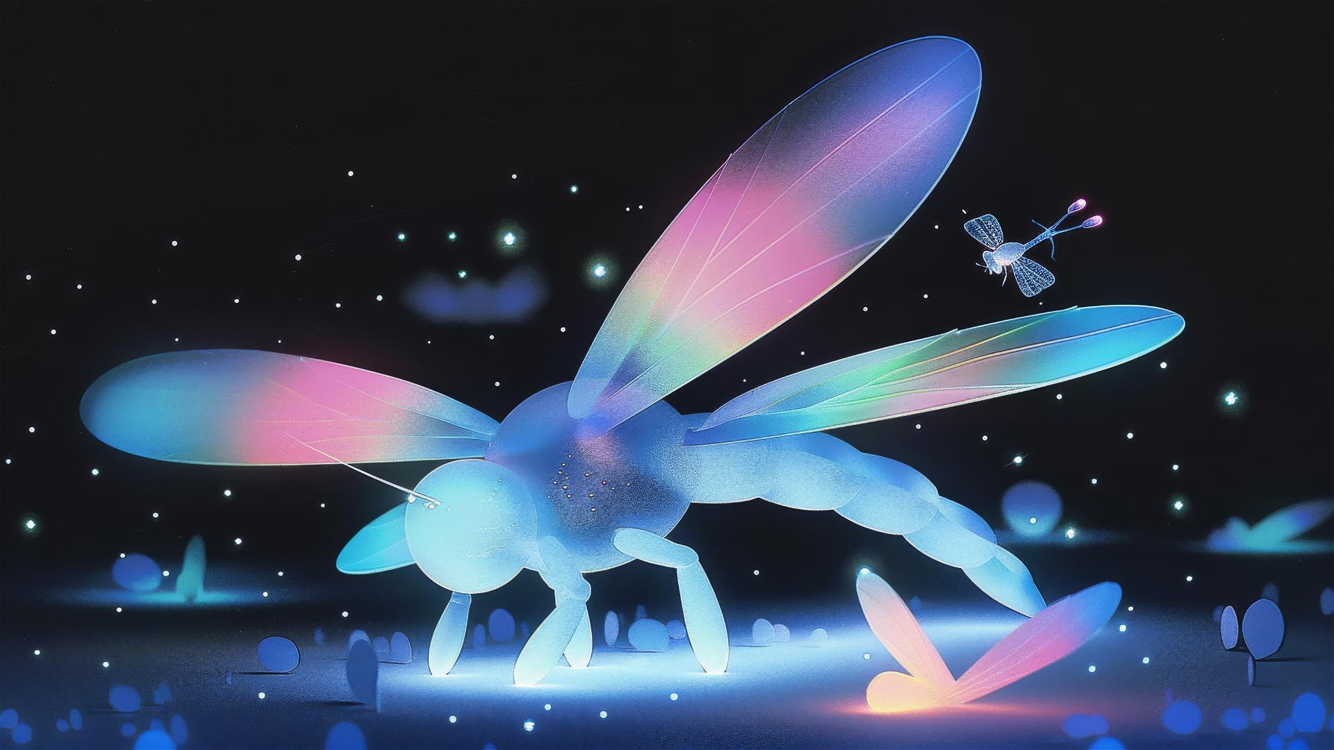 A large, luminous dragonfly examining a tiny firefly on its wing