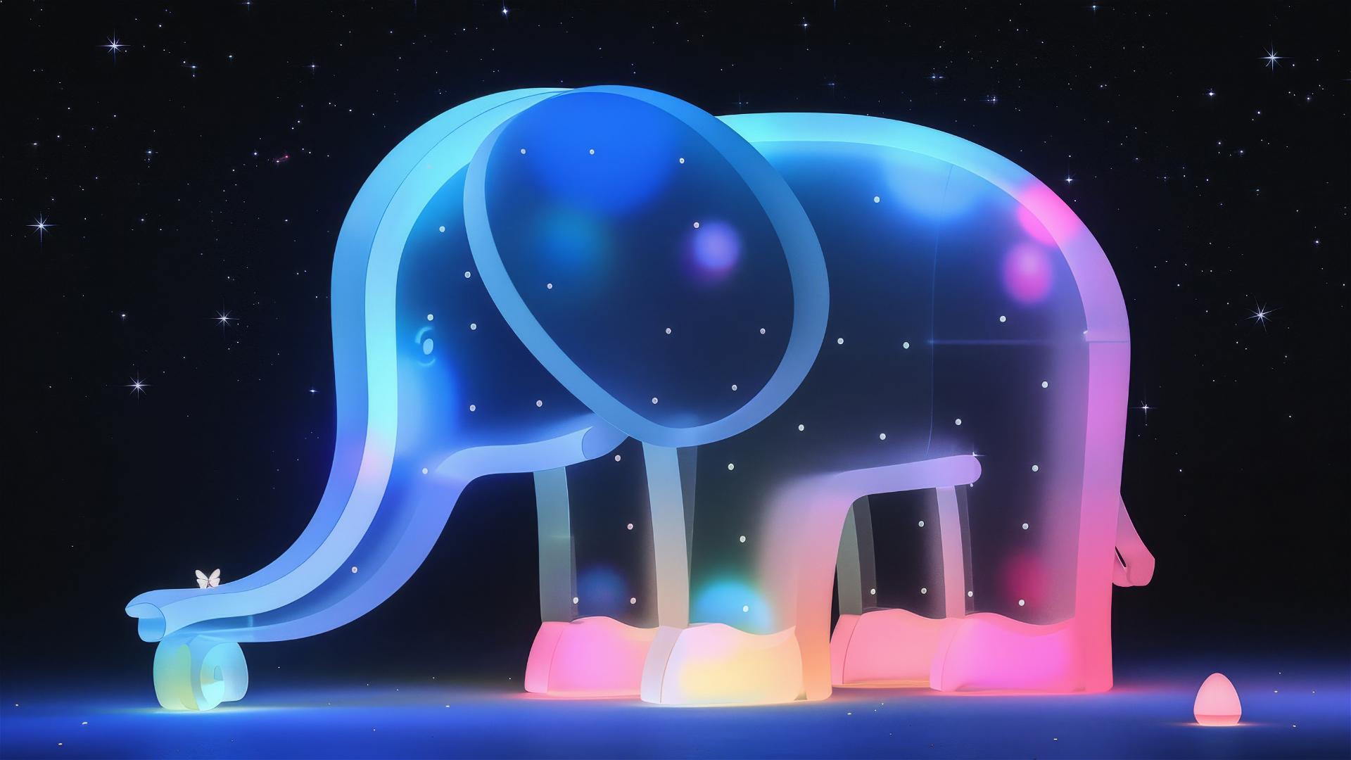 Transparent elephant observing a luminous firefly in its trunk