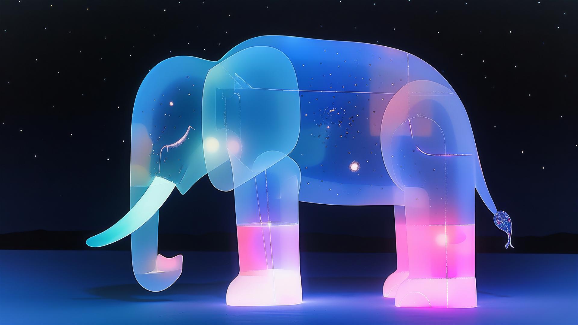Crystal clear elephant with a firefly on its trunk in medium closeup