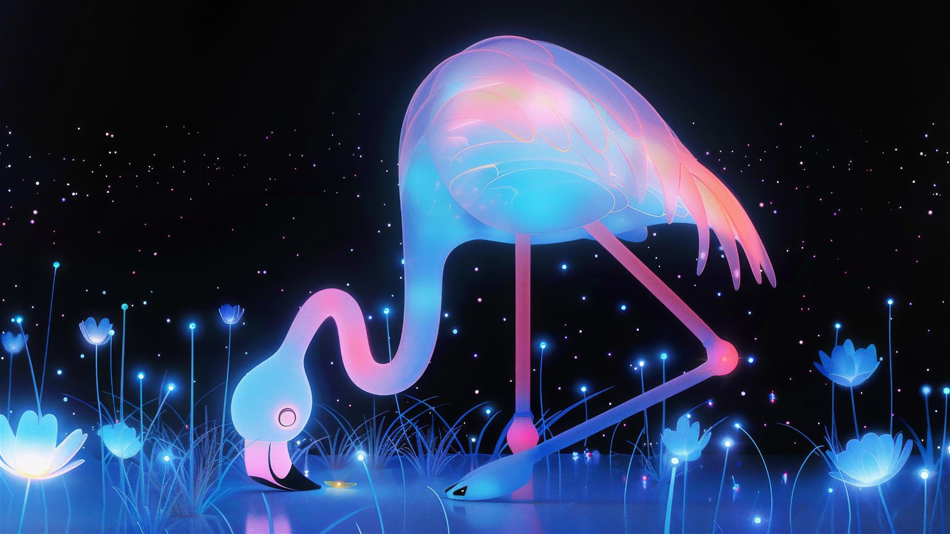 Vibrant flamingo stands luminously looking down at a glowing firefly on its leg
