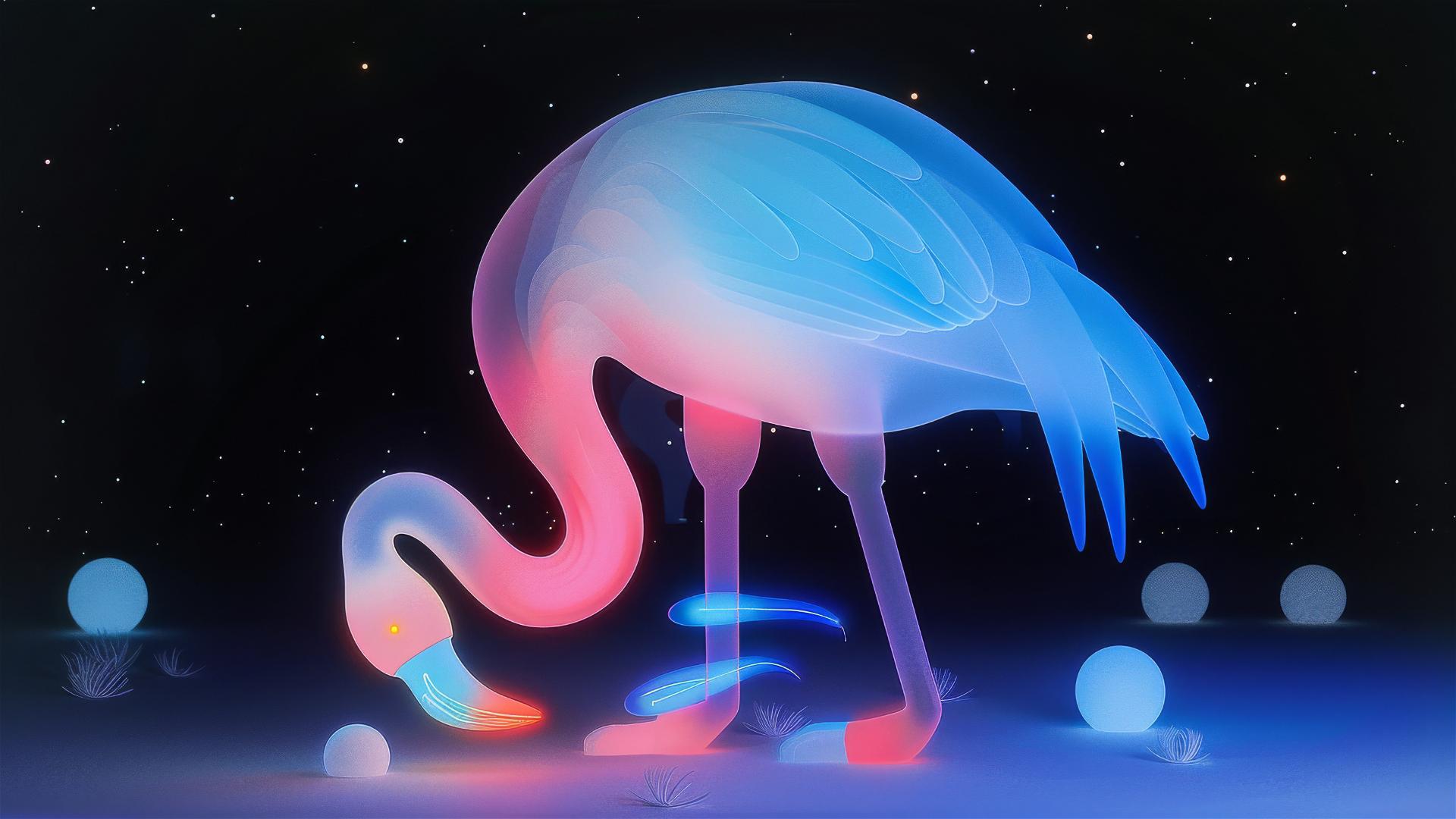 Luminous flamingo standing with one leg extended, observing a tiny glowing firefly on its leg