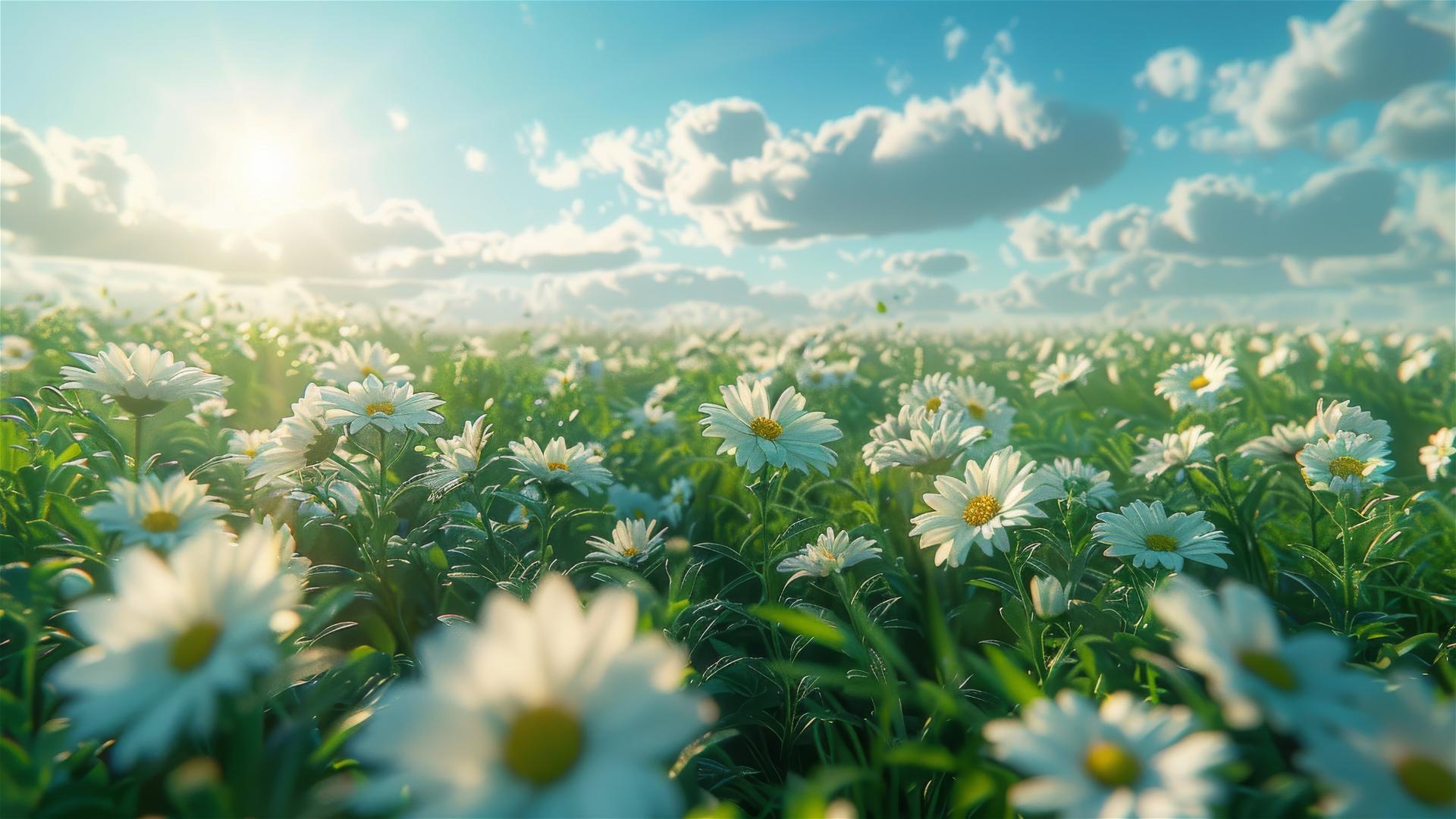 Flowers in spring outing, under a sunny sky with white clouds and green grass, light and space created using a soft gradient color scheme, bright colors with 4K definition details