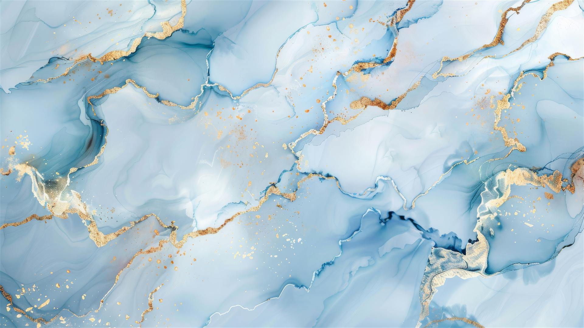 Abstract lightblue and white marble background with golden lines in watercolor style